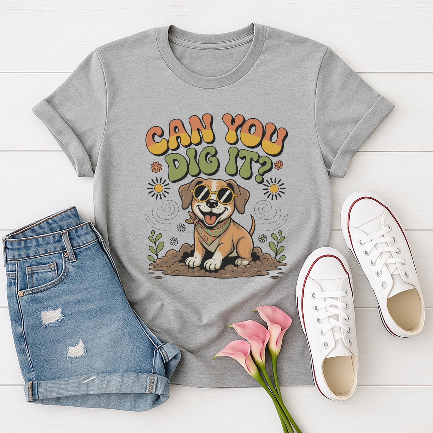 Sport Gray Gildan 6400 unisex t-shirt with retro dog graphic and ‘Can You Dig It?’ text, perfect for dog lovers.