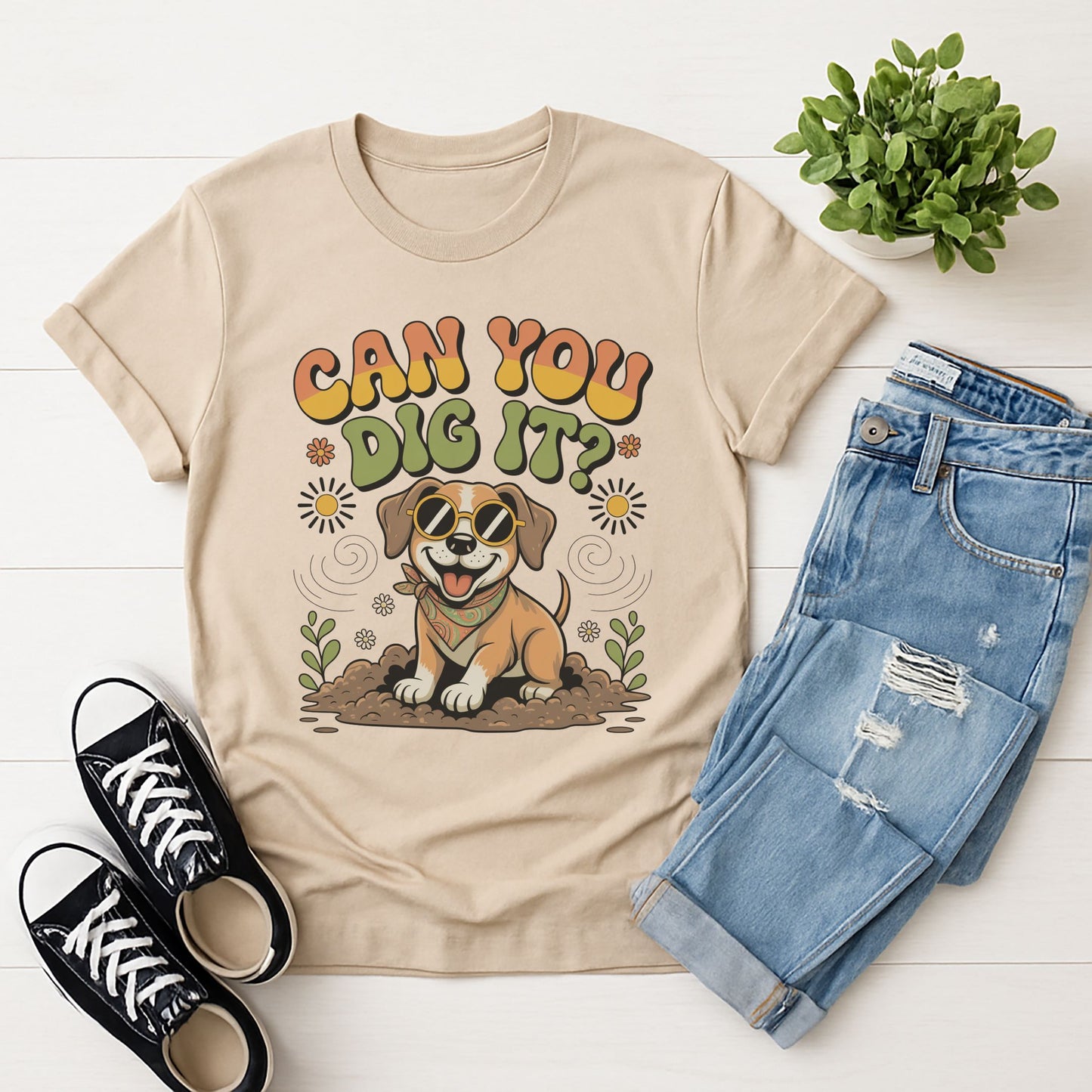Sand Beige Gildan 6400 unisex t-shirt with retro dog graphic and ‘Can You Dig It?’ text, perfect for dog lovers.