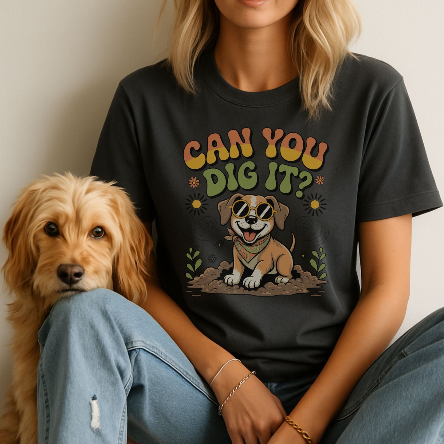 Unisex t-shirt with retro dog graphic and ‘Can You Dig It?’ text, perfect for dog lovers.