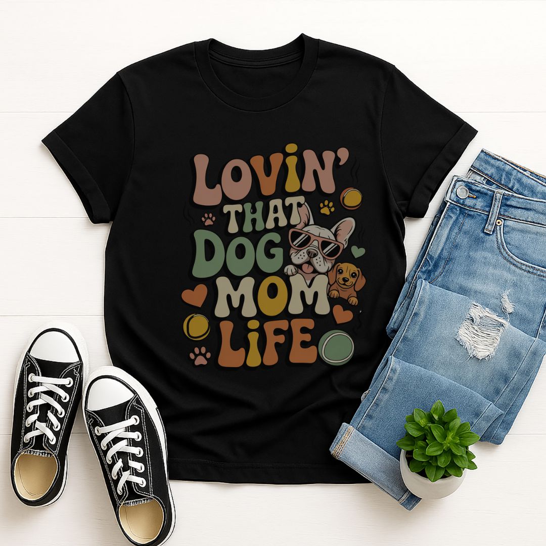 Black Gildan 6400 unisex t-shirt with retro dog graphic and ‘Lovin' That Dog Mom Life' text, perfect for dog lovers.