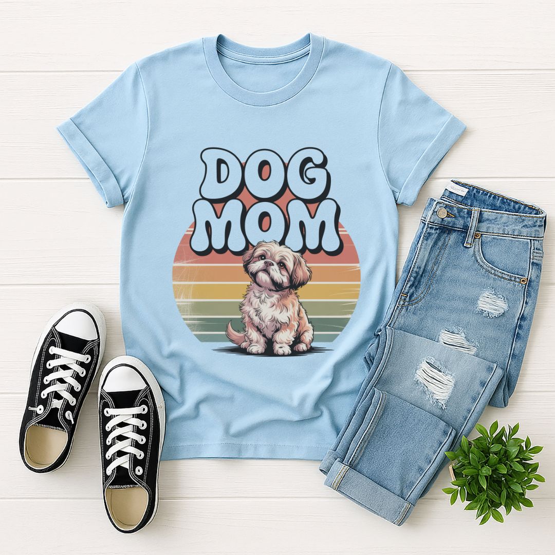Light Blue Gildan 6400 unisex t-shirt with retro dog graphic and ‘Dog Mom’ text, perfect for dog lovers.