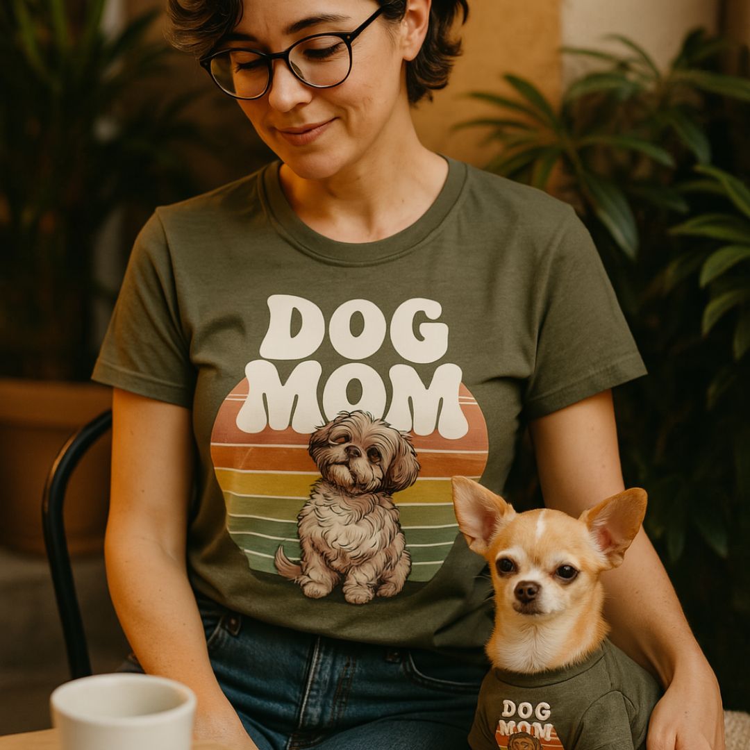 Unisex t-shirt with retro dog graphic and ‘Dog Mom’ text, perfect for dog lovers.