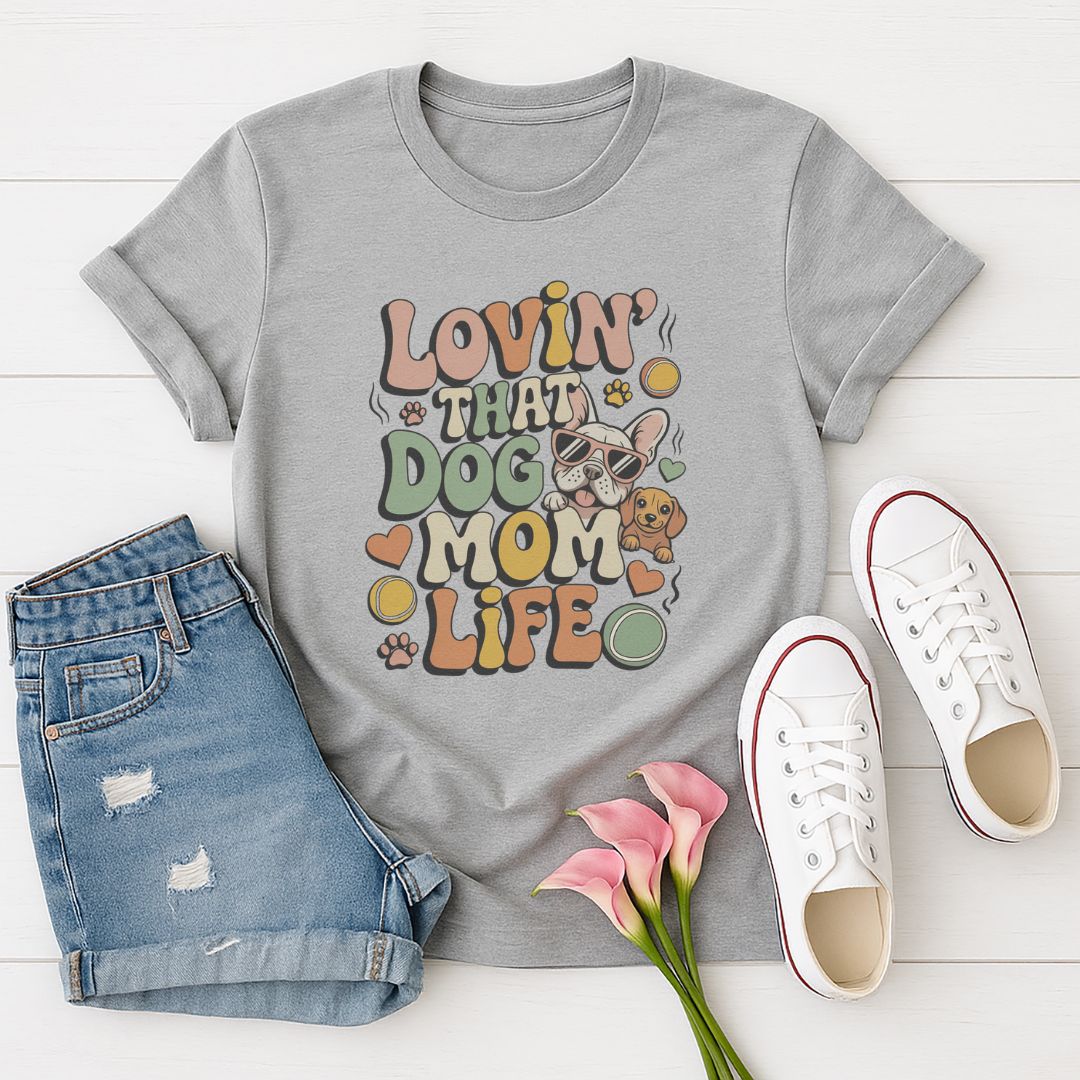 Sport Gray Gildan 6400 unisex t-shirt with retro dog graphic and ‘Lovin' That Dog Mom Life' text, perfect for dog lovers.
