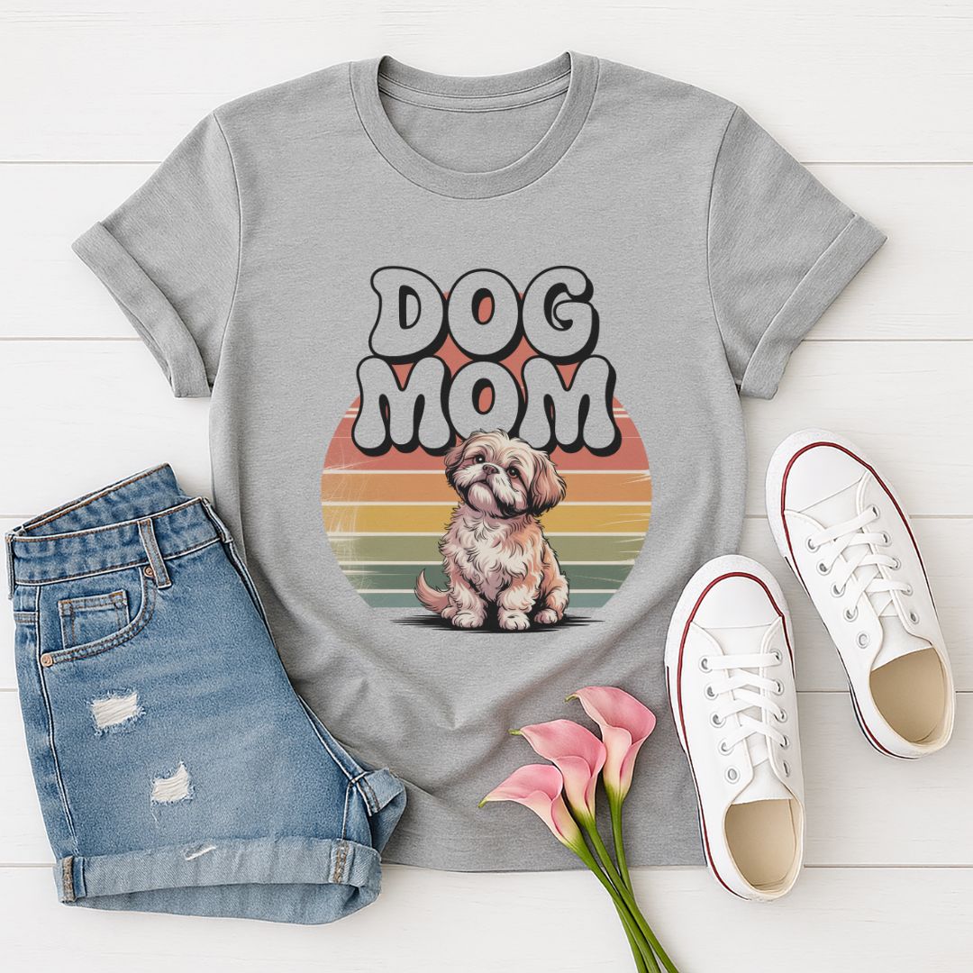 Sport Gray Gildan 6400 unisex t-shirt with retro dog graphic and ‘Dog Mom’ text, perfect for dog lovers.