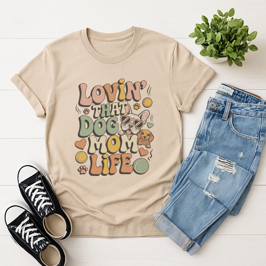 Sand Beige Gildan 6400 unisex t-shirt with retro dog graphic and ‘Lovin' That Dog Mom Life' text, perfect for dog lovers.