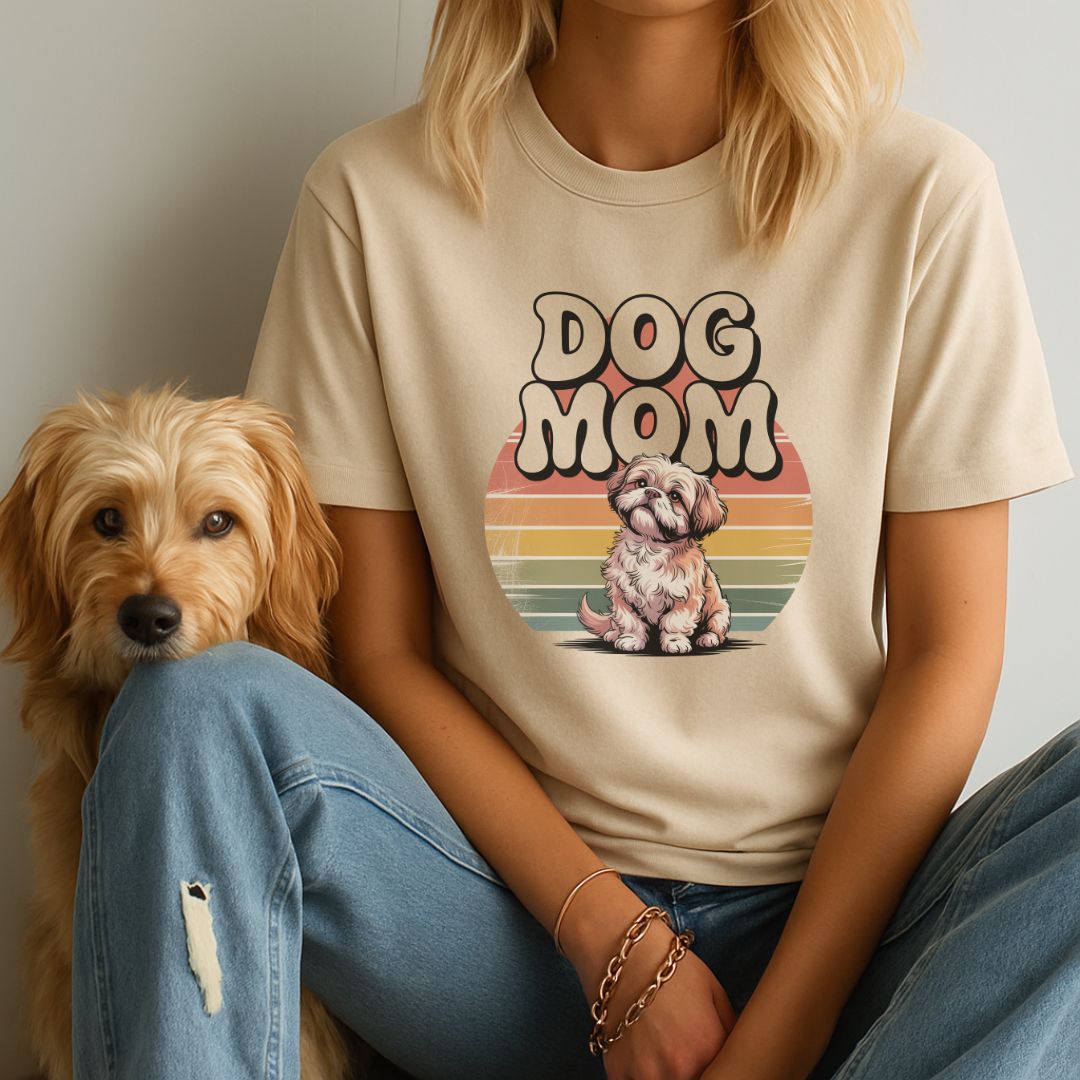 Sand unisex t-shirt with retro dog graphic and ‘Dog Mom’ text, perfect for dog lovers.