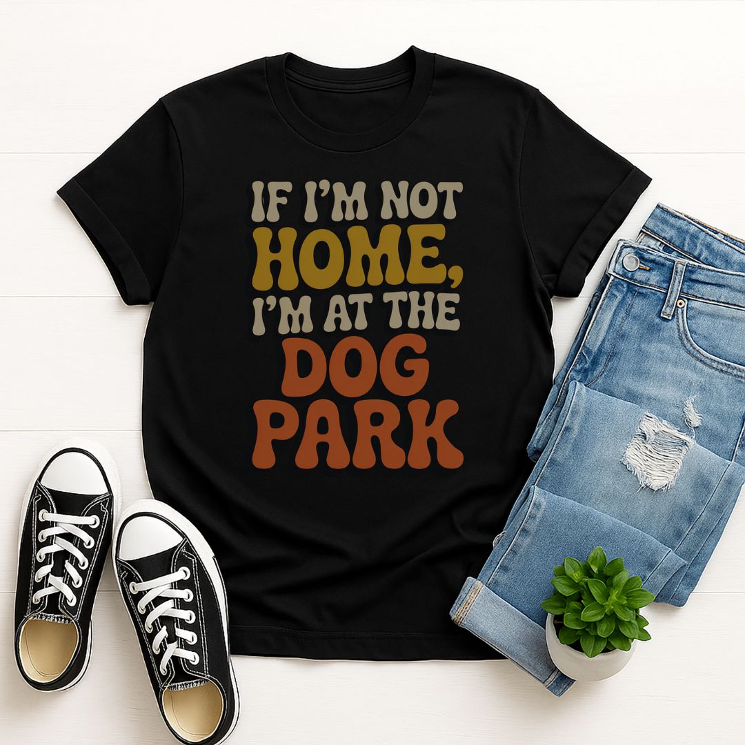 Black Gildan 6400 unisex t-shirt with retro dog graphic and ‘If I'm Not Home, I'm At The Dog Park’ text, perfect for dog lovers.