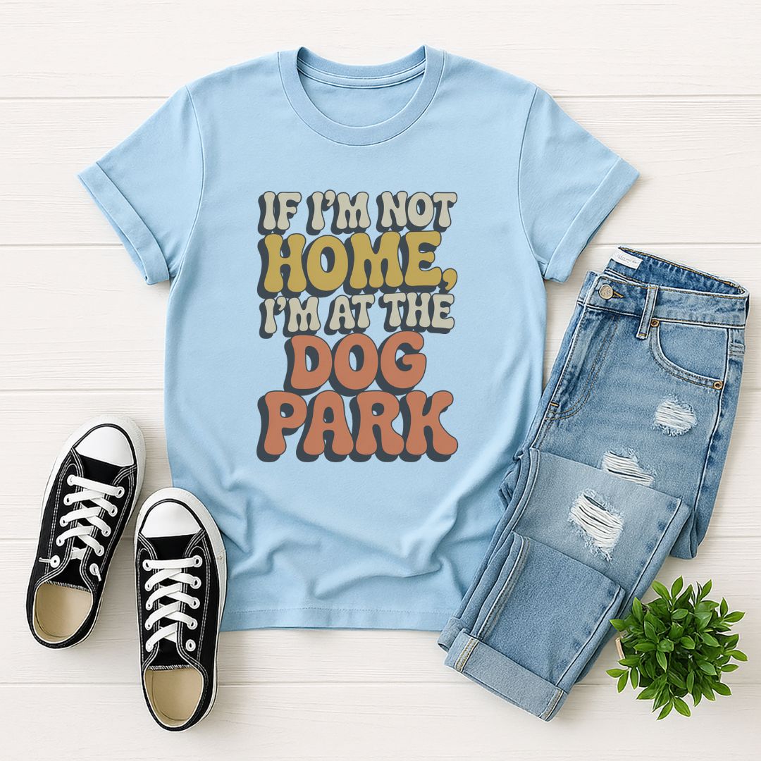 Light Blue Gildan 6400 unisex t-shirt with retro dog graphic and ‘If I'm Not Home, I'm At The Dog Park’ text, perfect for dog lovers.