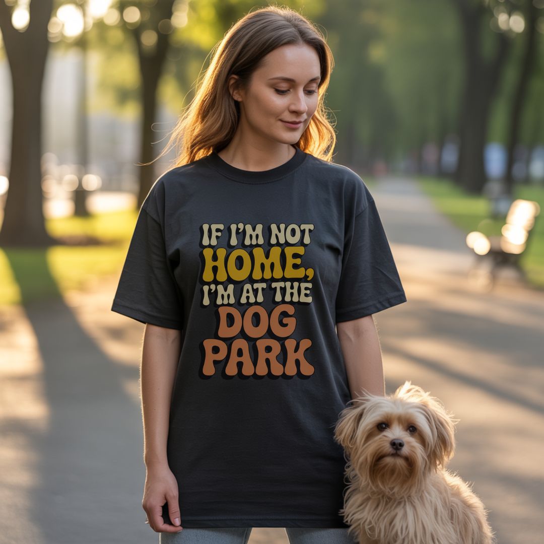 Unisex t-shirt with retro dog graphic and ‘If I'm Not Home, I'm At The Dog Park’ text, perfect for dog lovers.