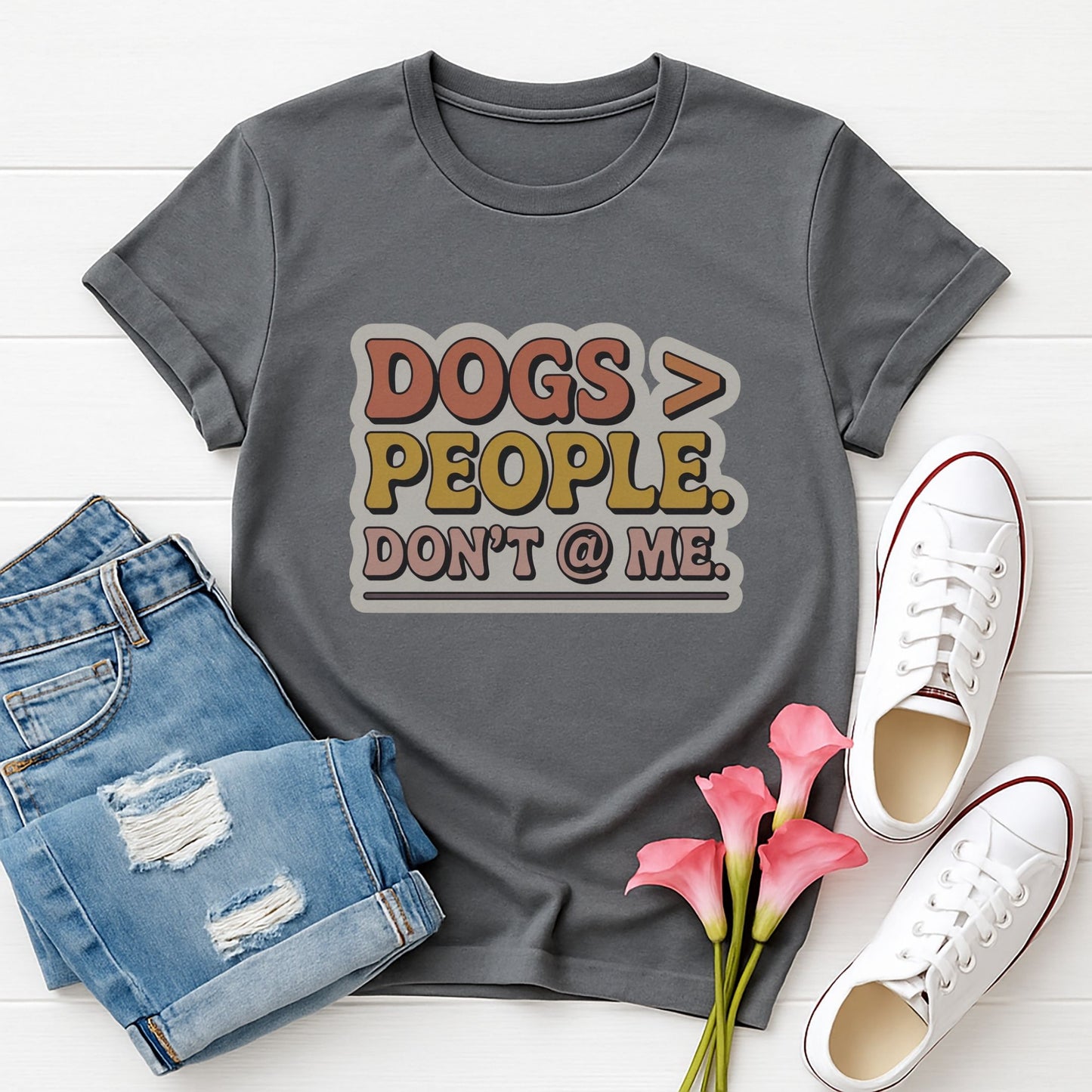Charcoal Gray Gildan 6400 unisex t-shirt with retro dog graphic and ‘Dogs > People. Don't @ Me’ text, perfect for dog lovers.