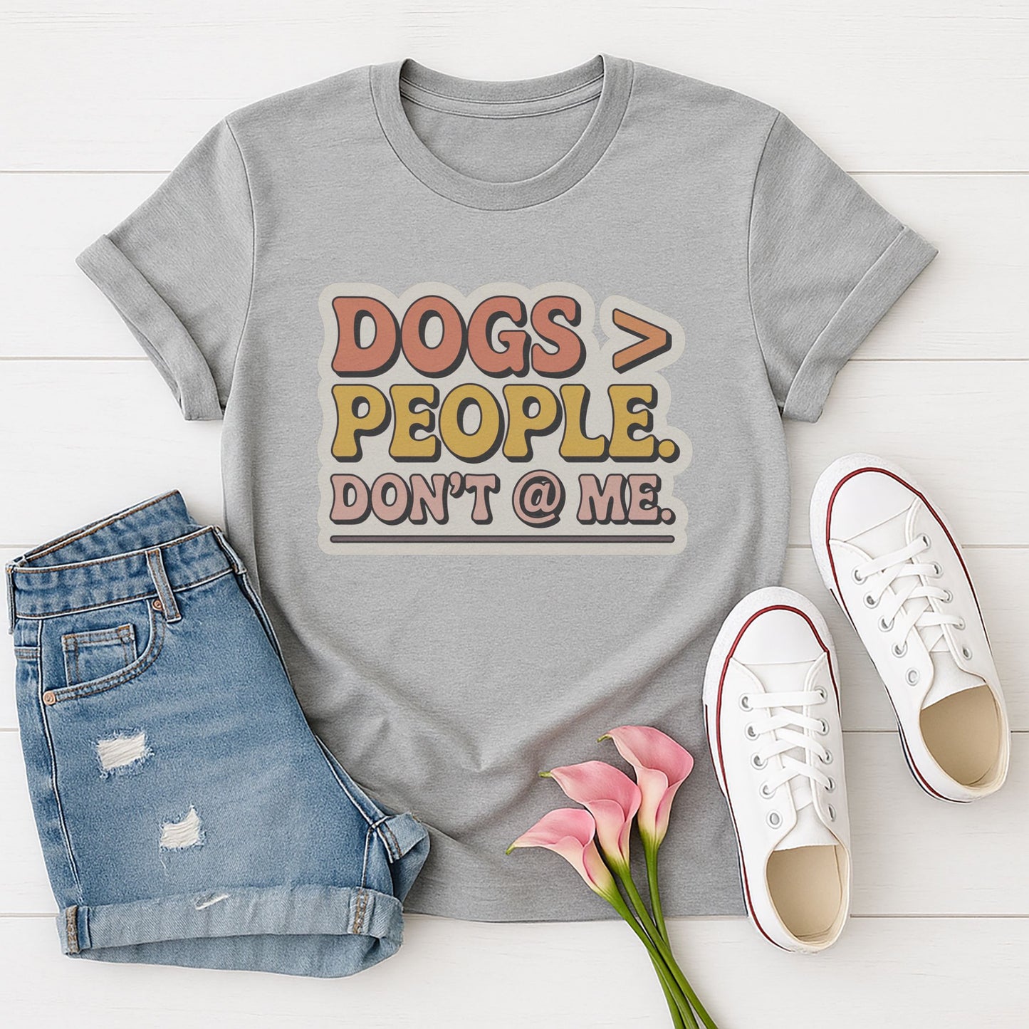 Sport Gray Gildan 6400 unisex t-shirt with retro dog graphic and ‘Dogs > People. Don't @ Me’ text, perfect for dog lovers.