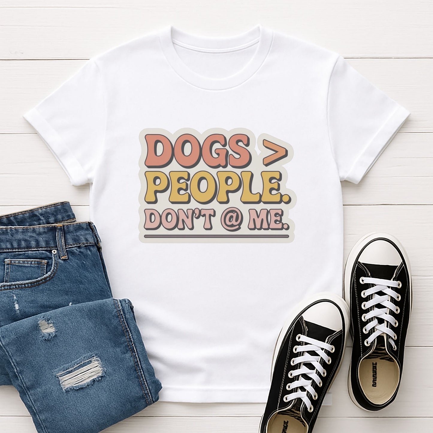 White Gildan 6400 unisex t-shirt with retro dog graphic and ‘Dogs > People. Don't @ Me’ text, perfect for dog lovers.