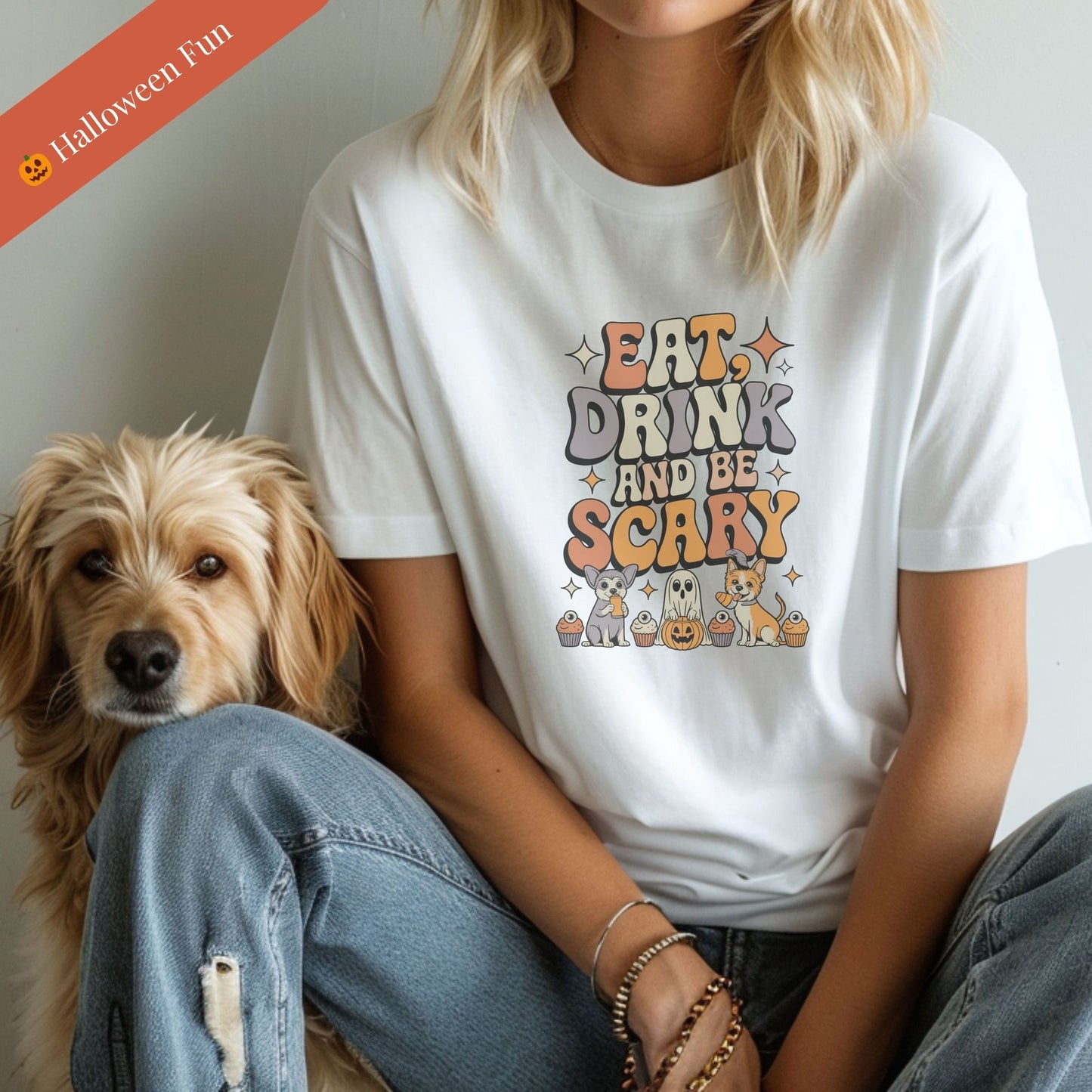 White unisex t-shirt with retro dog graphic and ‘Eat, Drink And Be Scary' text, perfect for dog lovers.
