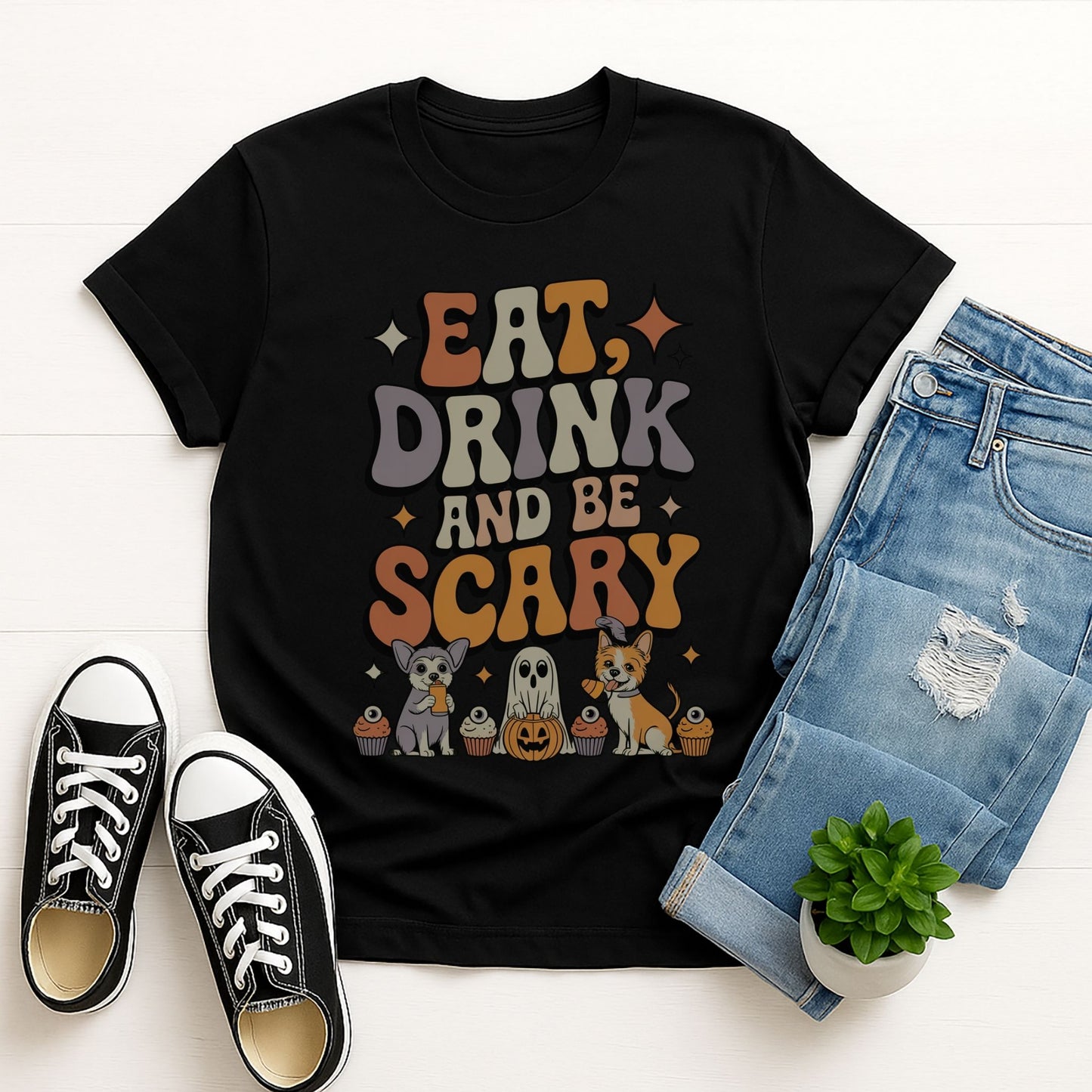 Black Gildan 6400 unisex t-shirt with retro dog graphic and ‘Eat, Drink And Be Scary' text, perfect for dog lovers.