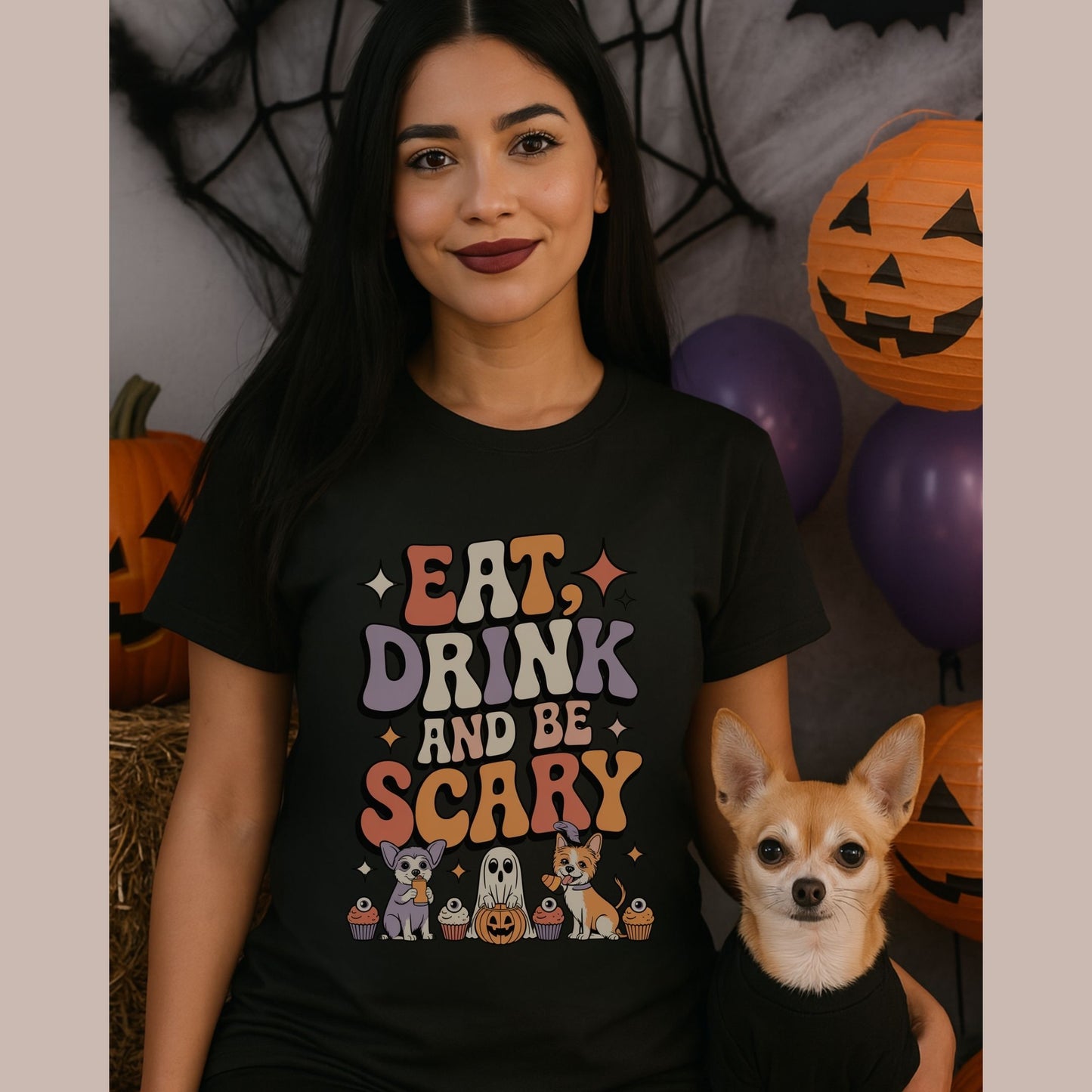 Black unisex t-shirt with retro dog graphic and ‘Eat, Drink And Be Scary' text, perfect for dog lovers.