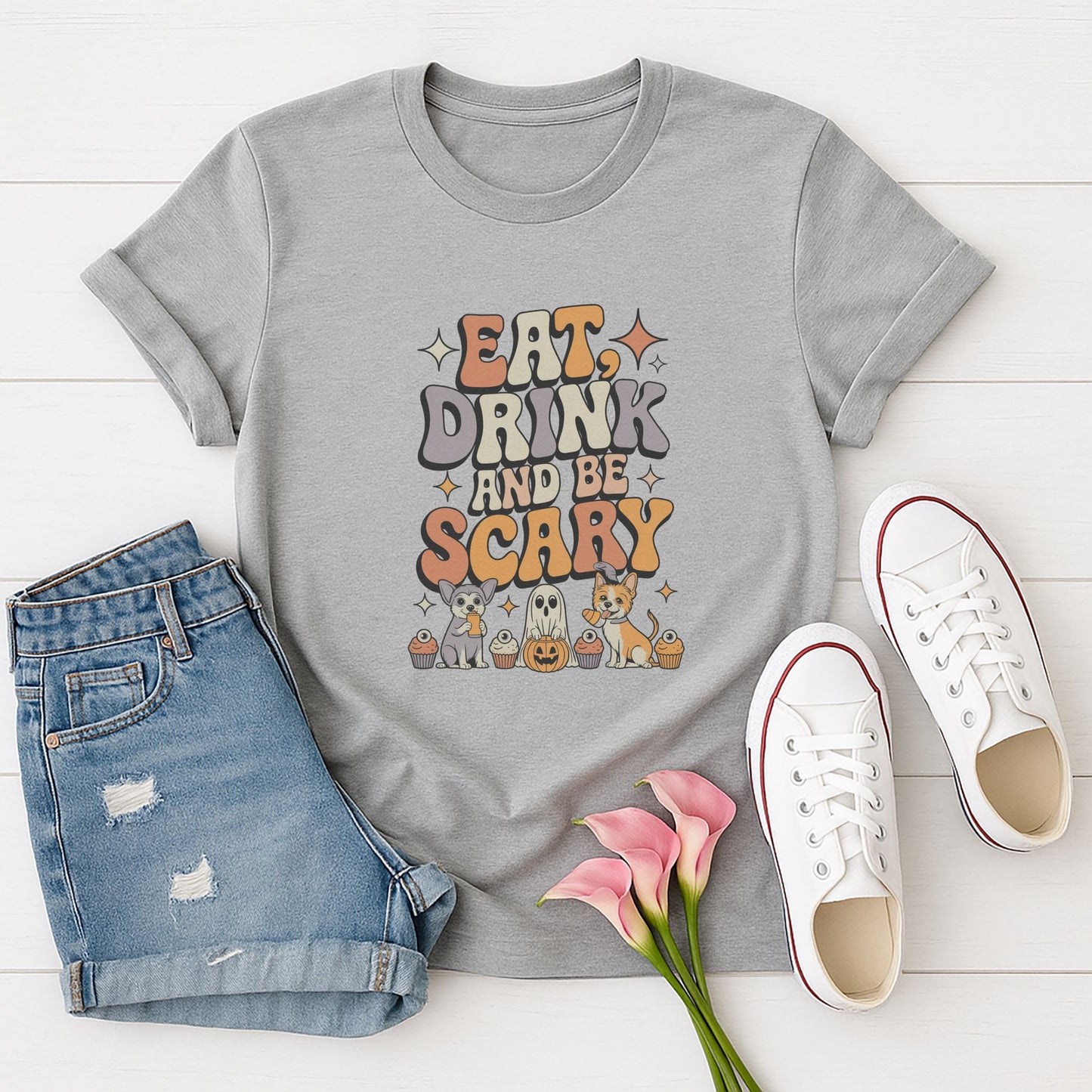 Sport Gray Gildan 6400 unisex t-shirt with retro dog graphic and ‘Eat, Drink And Be Scary' text, perfect for dog lovers.