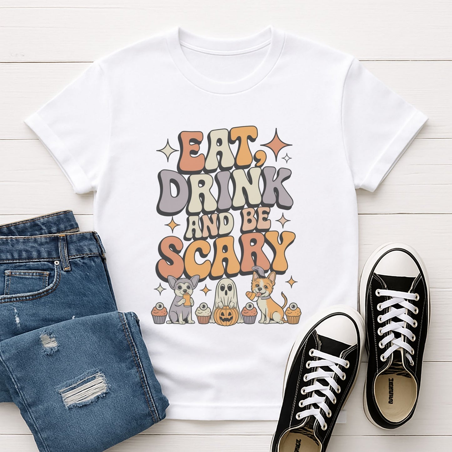 White Gildan 6400 unisex t-shirt with retro dog graphic and ‘Eat, Drink And Be Scary' text, perfect for dog lovers.
