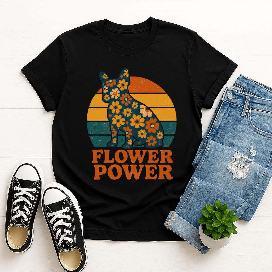 Black Gildan 6400 unisex t-shirt with retro dog graphic and ‘Flower Power’ text, perfect for dog lovers.