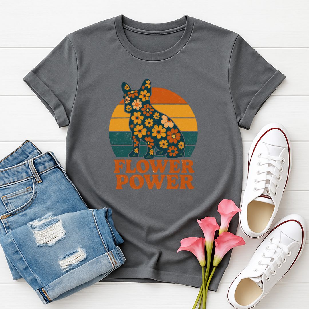 Charcoal Gray Gildan 6400 unisex t-shirt with retro dog graphic and ‘Flower Power’ text, perfect for dog lovers.