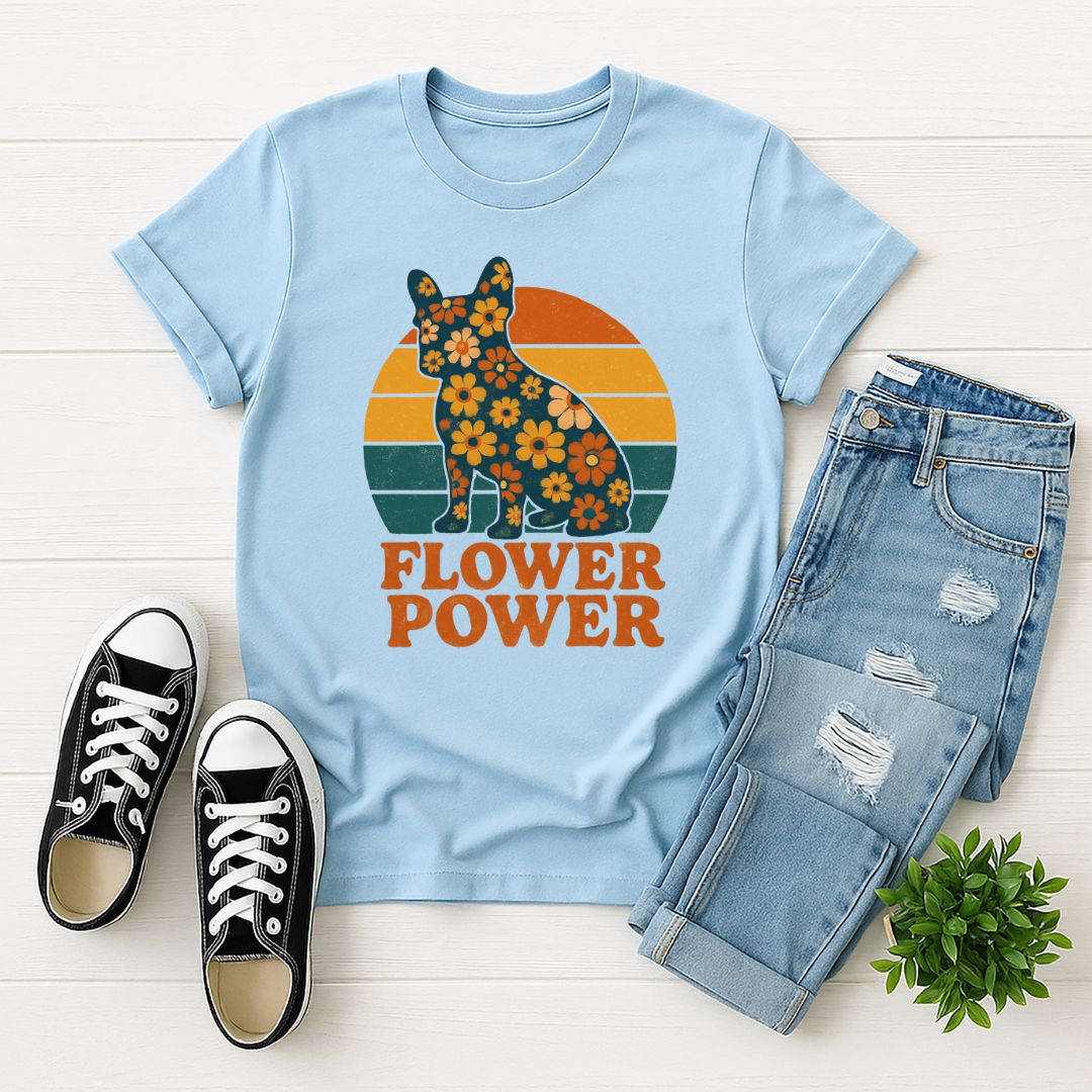 Light Blue Gildan 6400 unisex t-shirt with retro dog graphic and ‘Flower Power’ text, perfect for dog lovers.