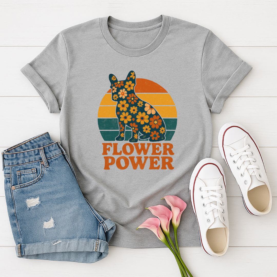 Sport Gray Gildan 6400 unisex t-shirt with retro dog graphic and ‘Flower Power’ text, perfect for dog lovers.