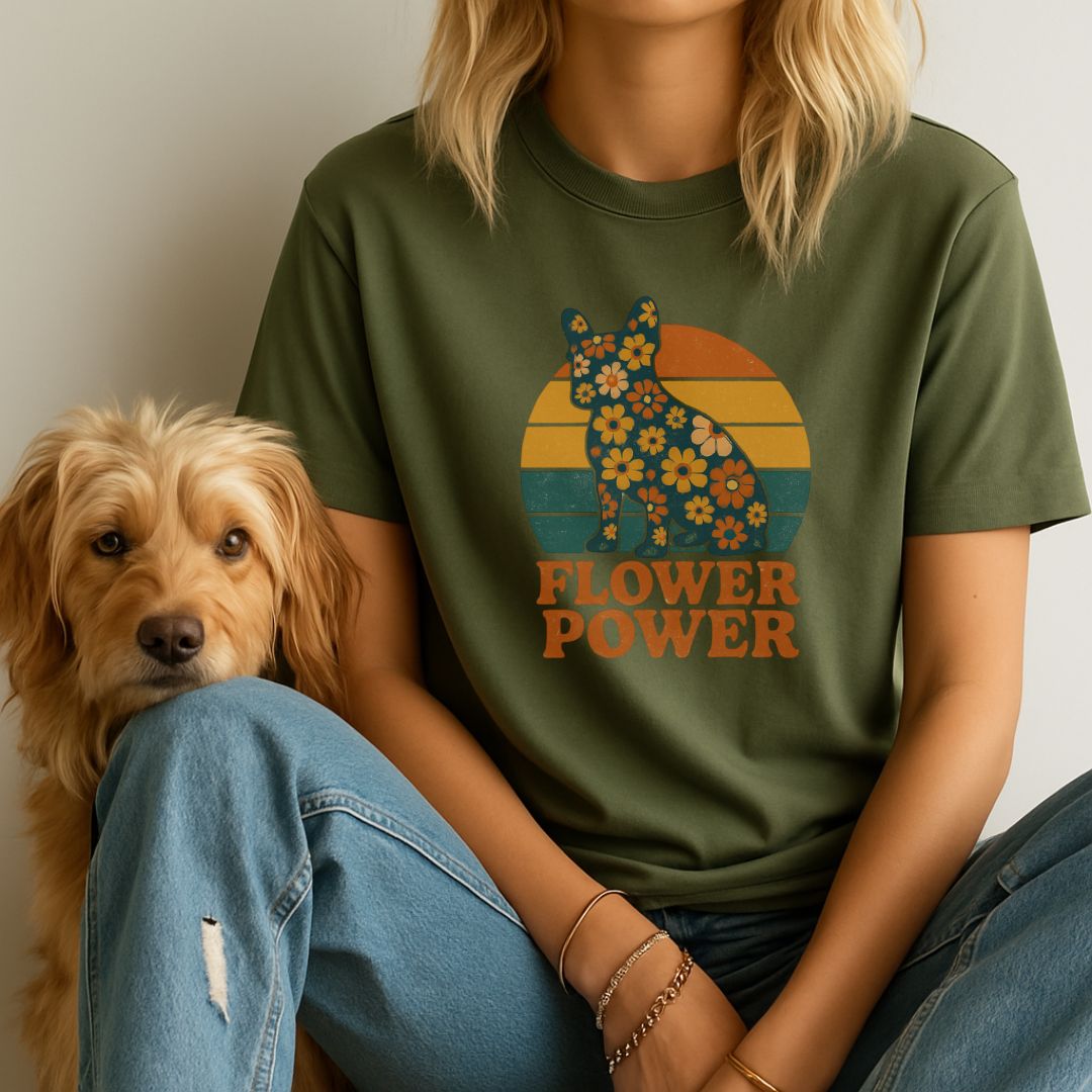 Military Green unisex t-shirt with retro dog graphic and ‘Flower Power’ text, perfect for dog lovers.