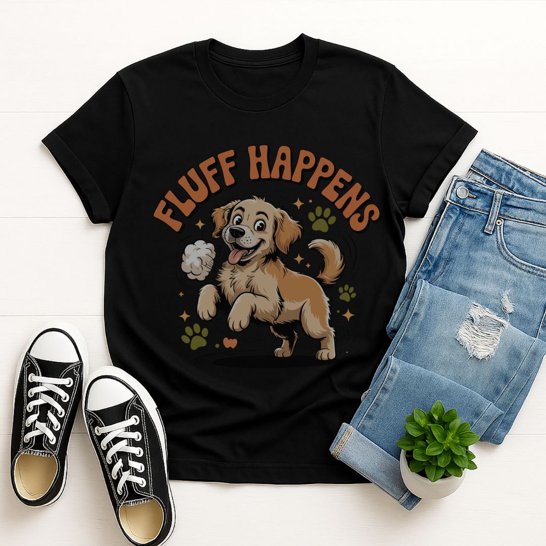 Black Gildan 6400 unisex t-shirt with retro dog graphic and ‘Fluff Happens’ text, perfect for dog lovers.