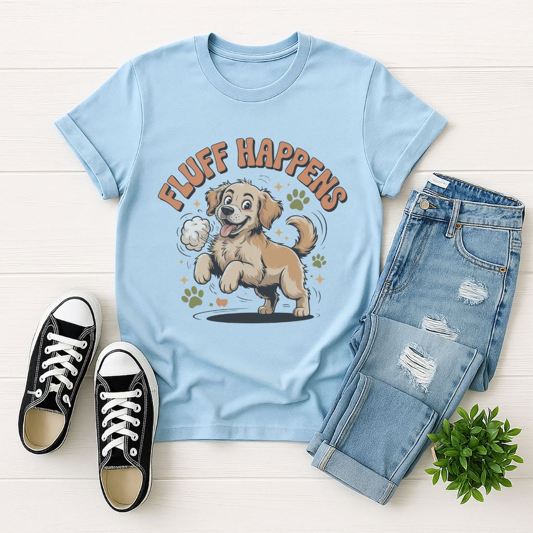Light Blue Gildan 6400 unisex t-shirt with retro dog graphic and ‘Fluff Happens’ text, perfect for dog lovers.