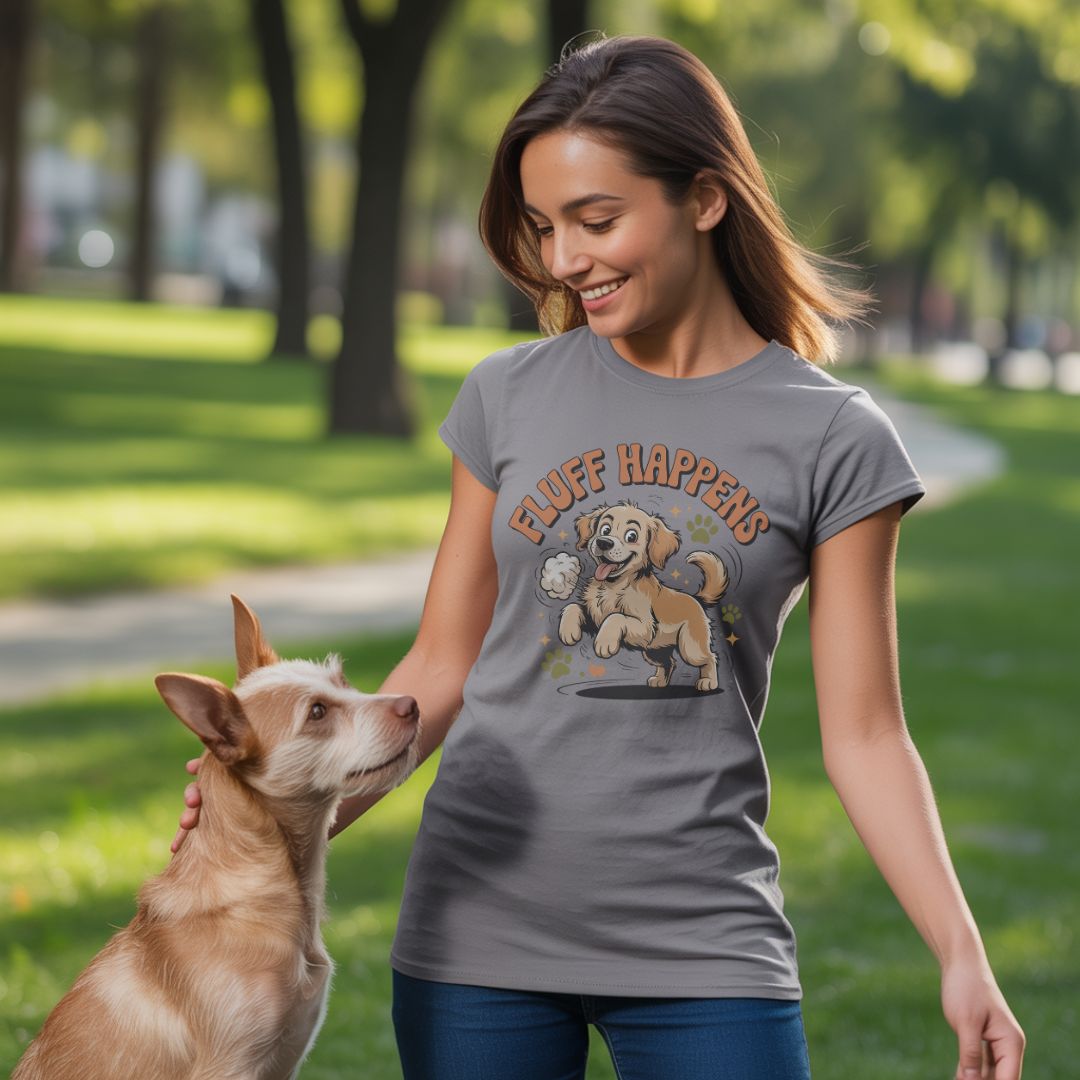 Unisex t-shirt with retro dog graphic and ‘Fluff Happens’ text, perfect for dog lovers.