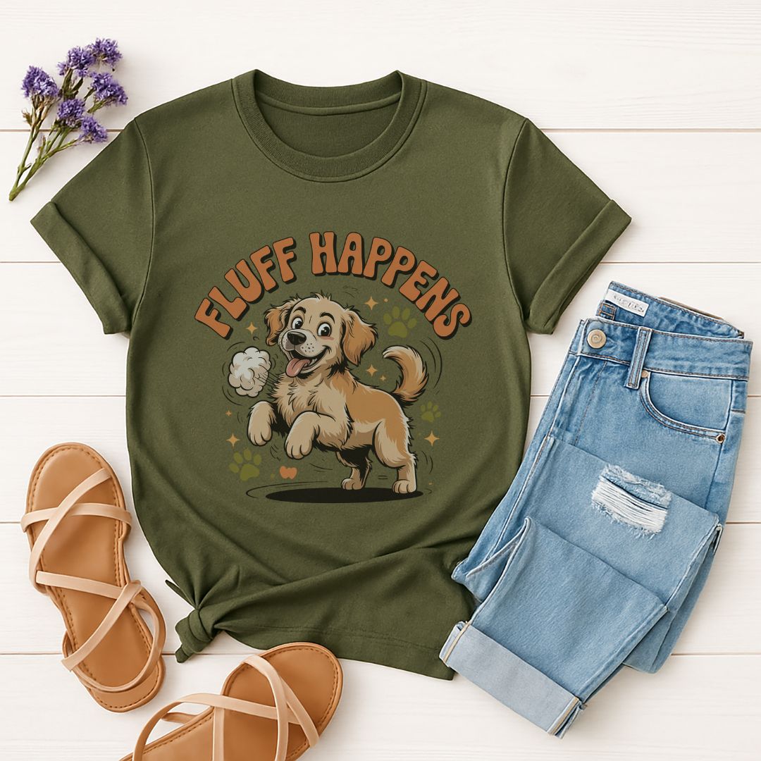 Military Green Gildan 6400 unisex t-shirt with retro dog graphic and ‘Fluff Happens’ text, perfect for dog lovers.