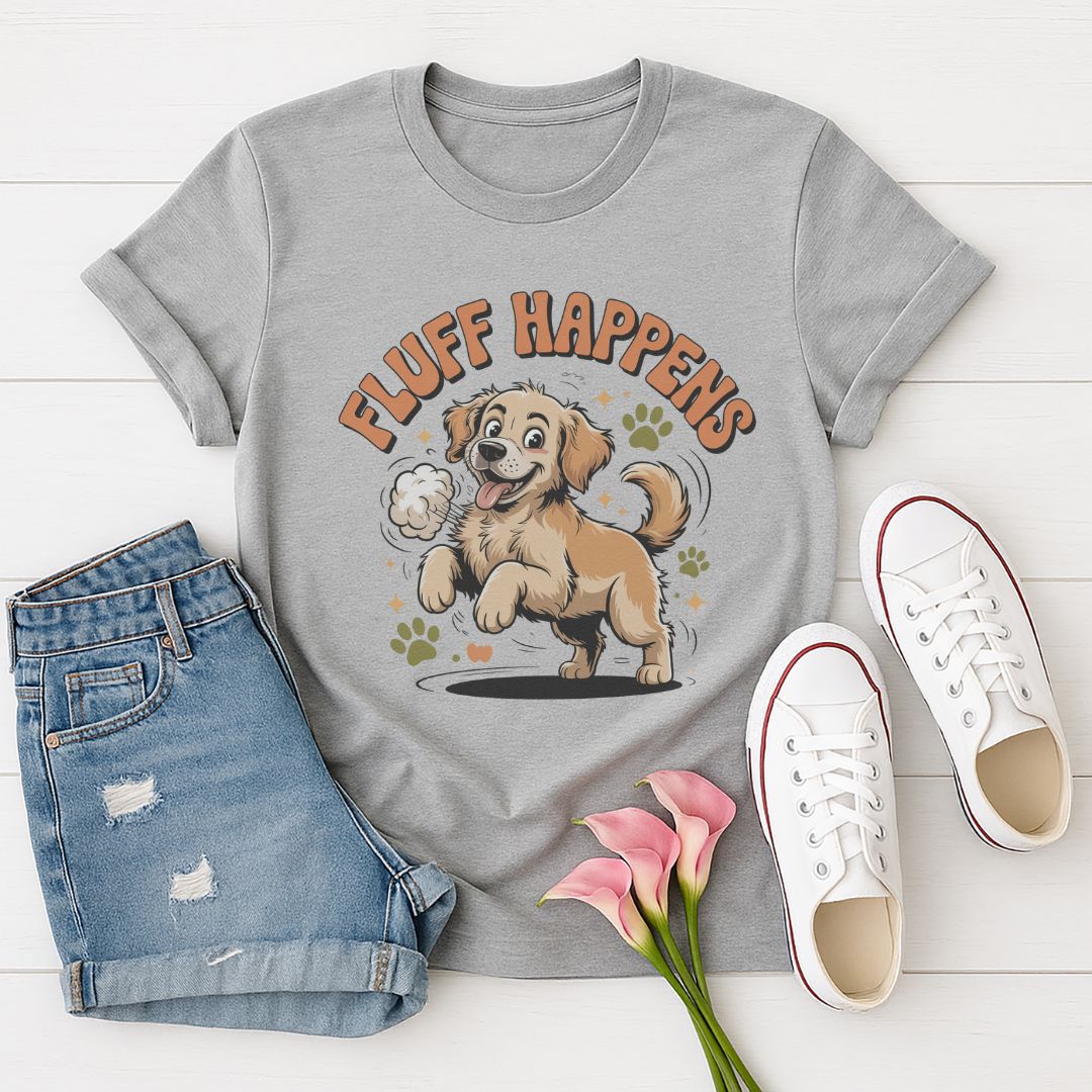 Sport Gray Gildan 6400 unisex t-shirt with retro dog graphic and ‘Fluff Happens’ text, perfect for dog lovers.