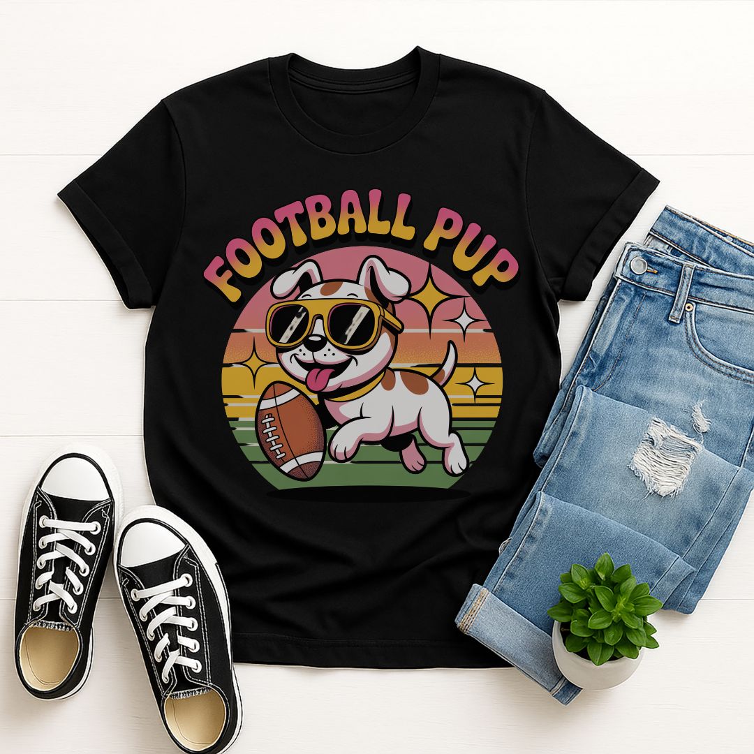 Black Gildan 6400 unisex t-shirt with retro dog graphic and ‘Football Pup’ text, perfect for dog lovers.