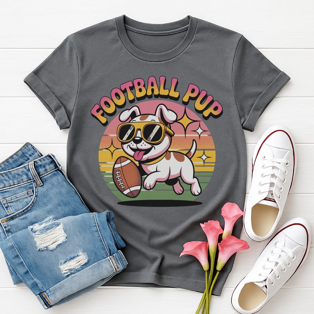 Charcoal Gildan 6400 unisex t-shirt with retro dog graphic and ‘Football Pup’ text, perfect for dog lovers.