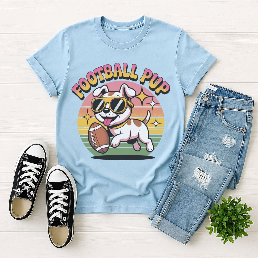 Light Blue Gildan 6400 unisex t-shirt with retro dog graphic and ‘Football Pup’ text, perfect for dog lovers.