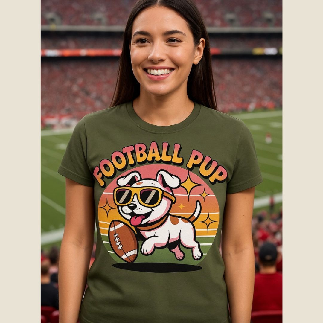 Military Green unisex t-shirt with retro dog graphic and ‘Football Pup’ text, perfect for dog lovers.