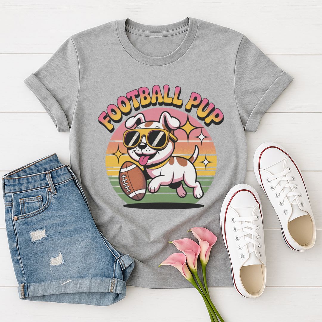 Sport Gray Gildan 6400 unisex t-shirt with retro dog graphic and ‘Football Pup’ text, perfect for dog lovers.