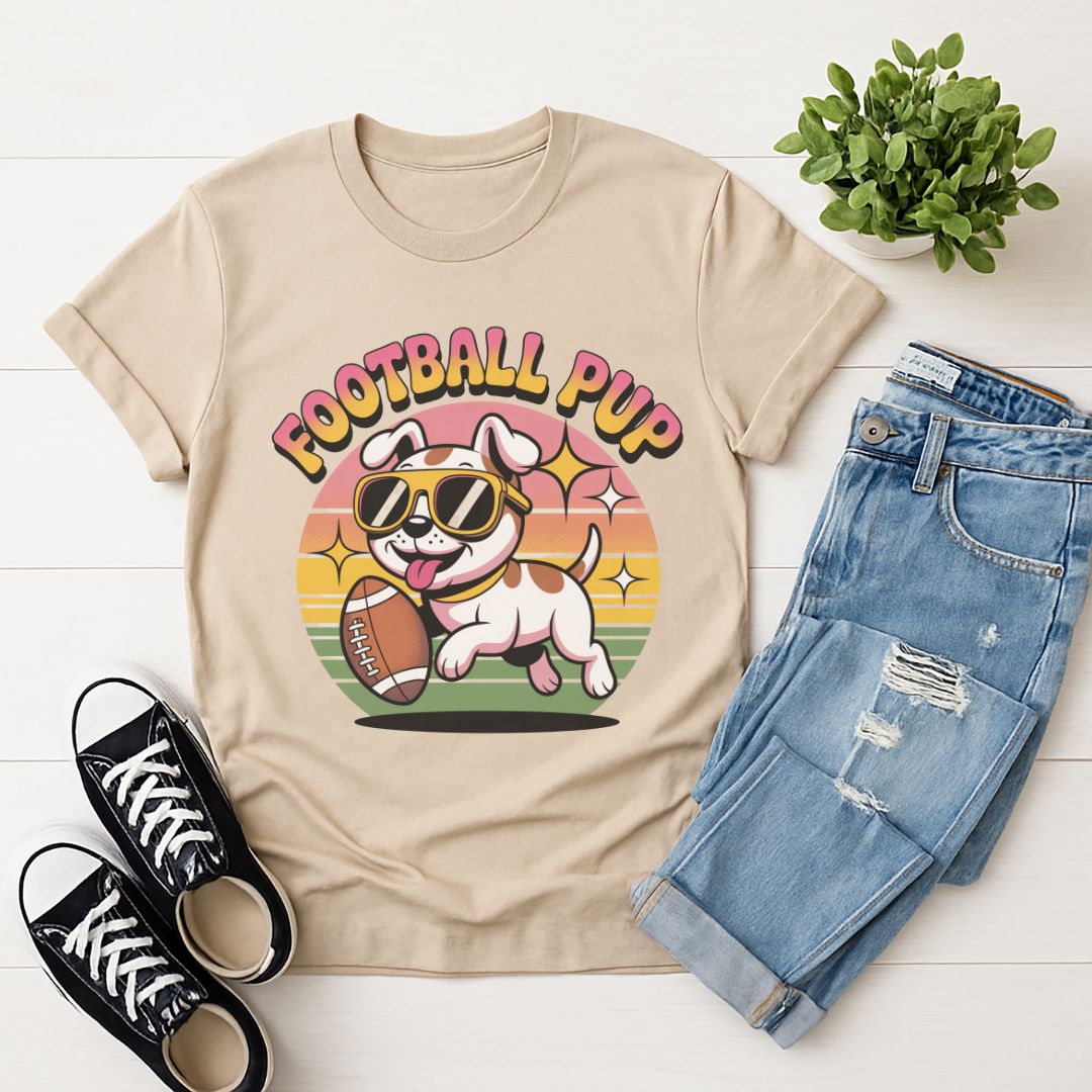 Sand Beige Gildan 6400 unisex t-shirt with retro dog graphic and ‘Football Pup’ text, perfect for dog lovers.