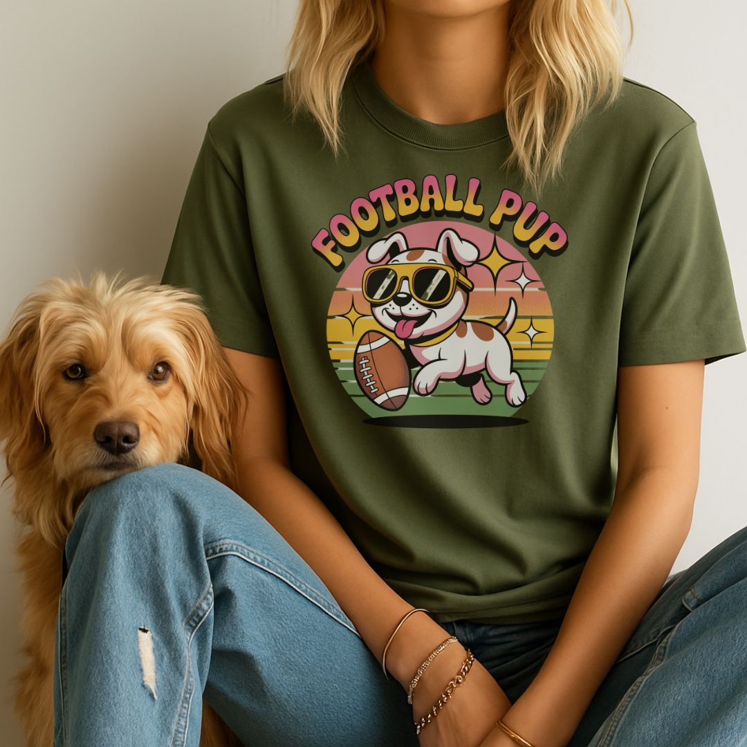 Military Green unisex t-shirt with retro dog graphic and ‘Football Pup’ text, perfect for dog lovers.