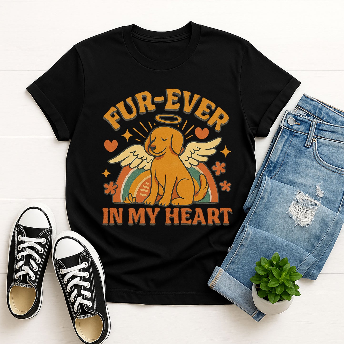 Black Gildan 6400 unisex t-shirt with retro dog graphic and āFur-Ever In My Heartā text, perfect for dog lovers.
