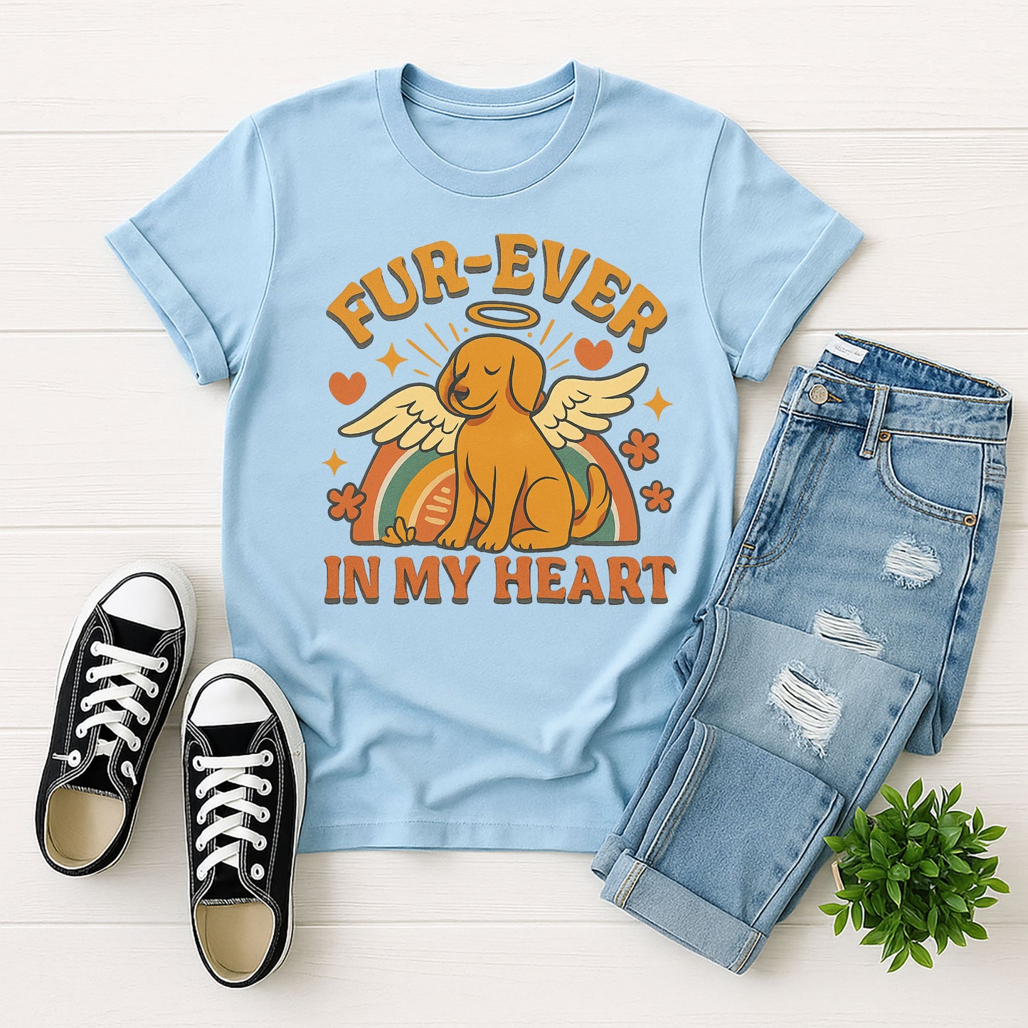 Light Blue Gildan 6400 unisex t-shirt with retro dog graphic and āFur-Ever In My Heartā text, perfect for dog lovers.