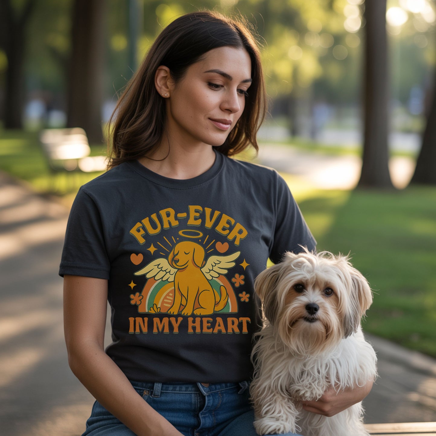 Unisex t-shirt with retro dog graphic and āFur-Ever In My Heartā text, perfect for dog lovers.