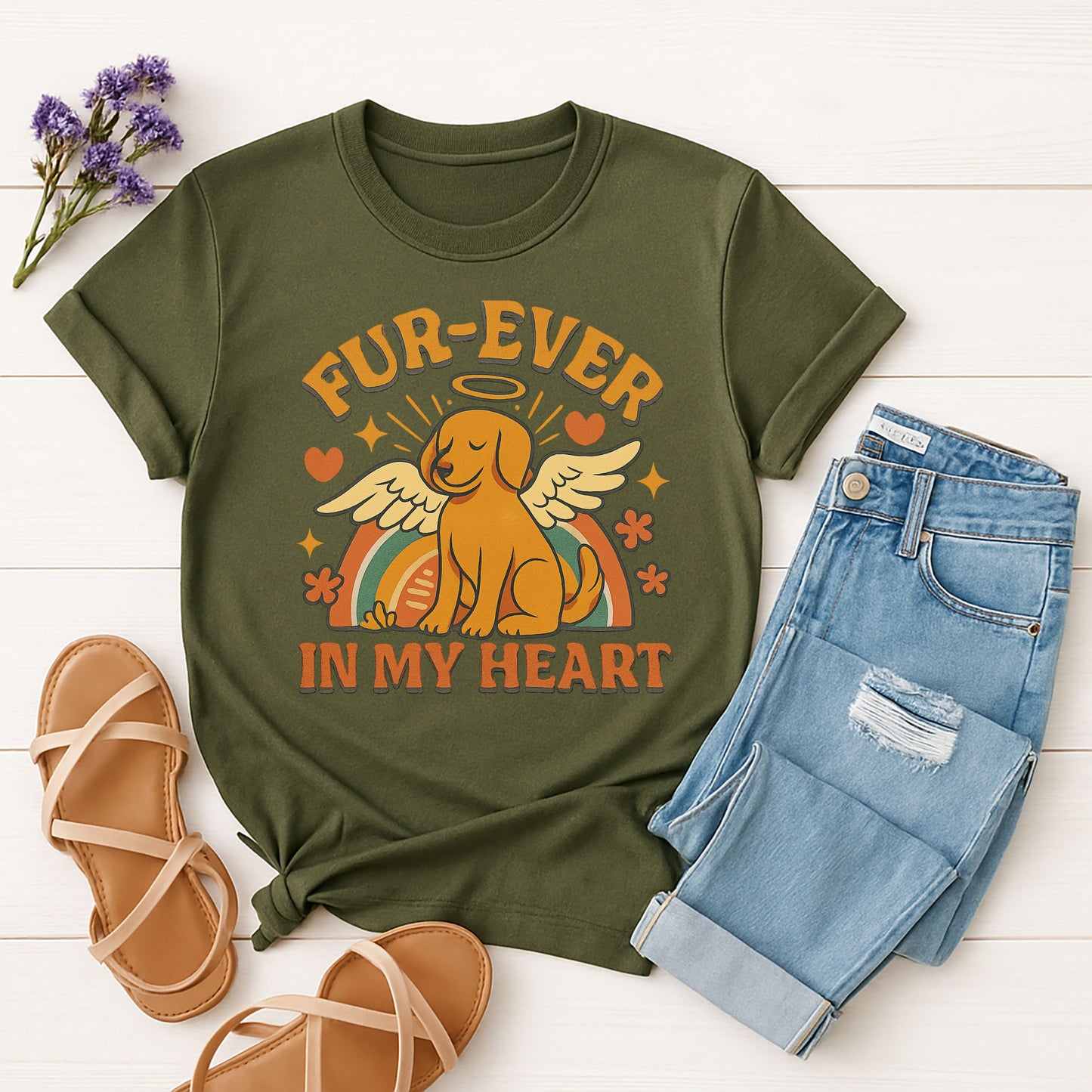 Military Green Gildan 6400 unisex t-shirt with retro dog graphic and āFur-Ever In My Heartā text, perfect for dog lovers.