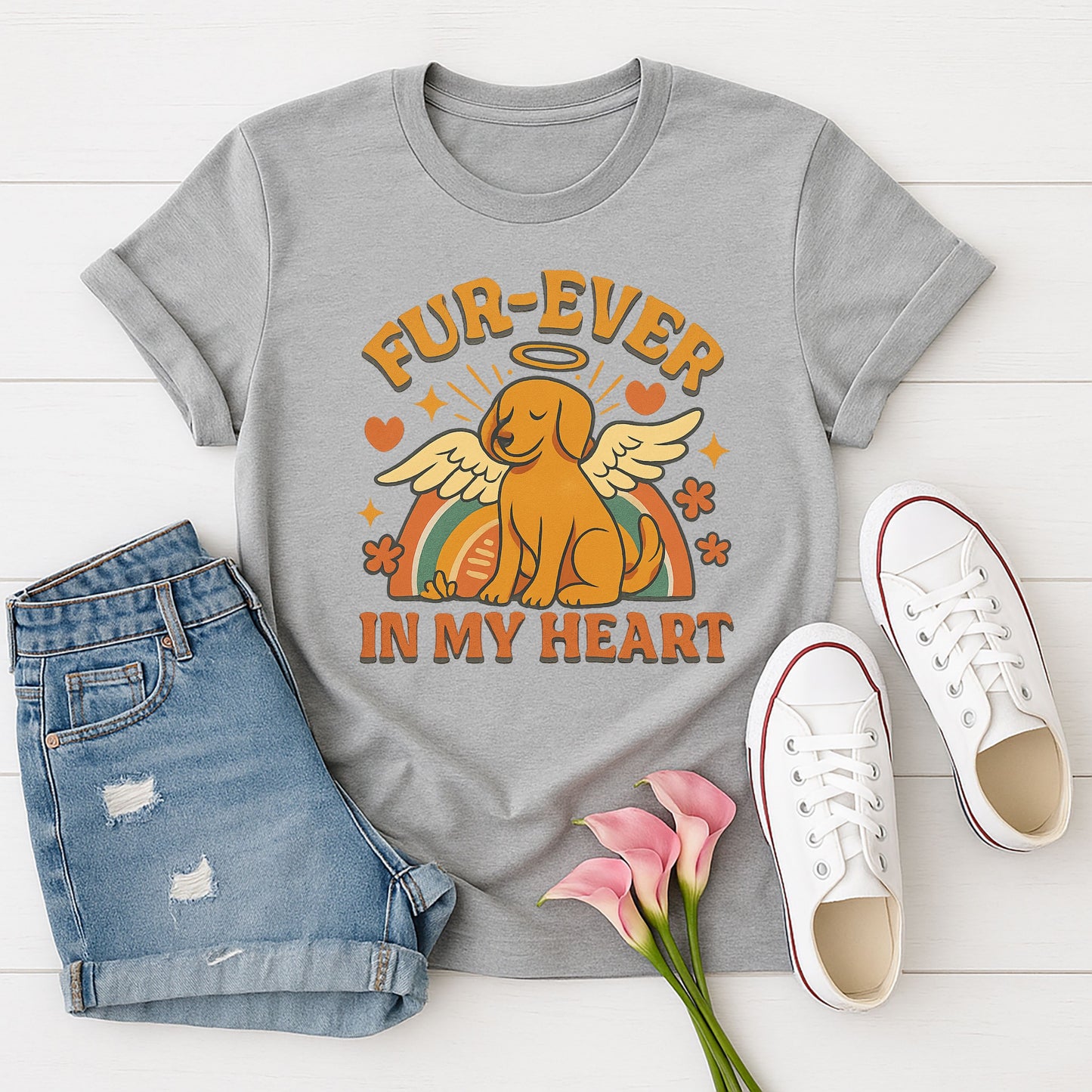 Sport Gray Gildan 6400 unisex t-shirt with retro dog graphic and āFur-Ever In My Heartā text, perfect for dog lovers.