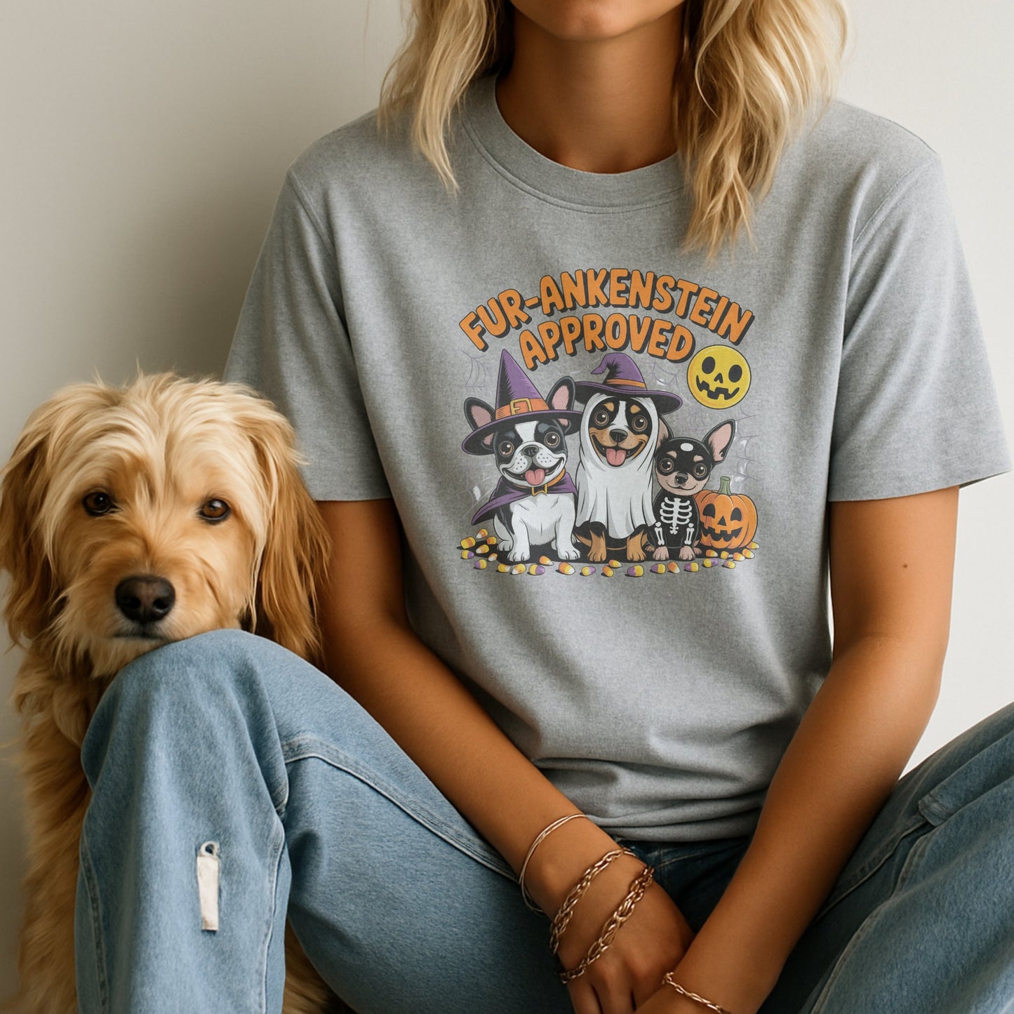 Sport Gray Gildan 6400 unisex t-shirt with retro dog graphic and ‘Fur-ankenstein Approved’ text, perfect for dog lovers.