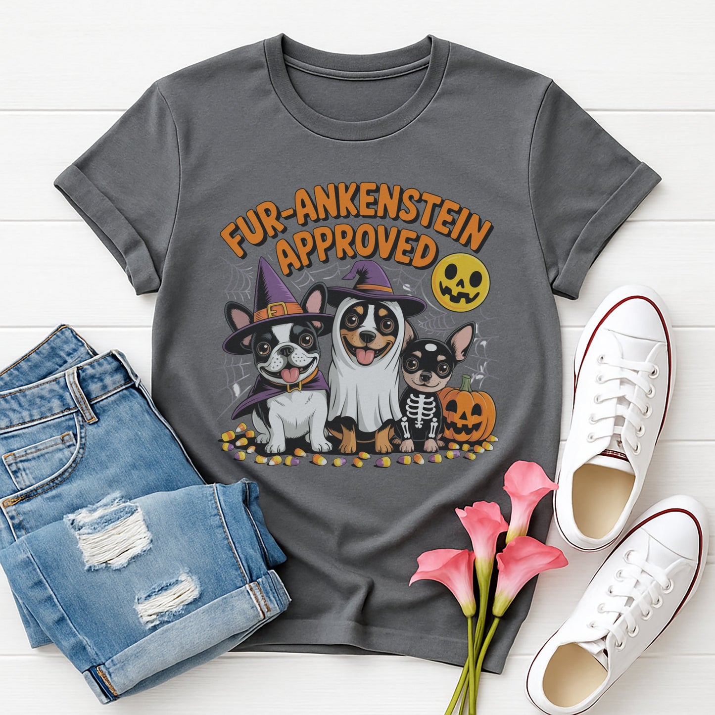 Gray Charcoal Gildan 6400 unisex t-shirt with retro dog graphic and ‘Fur-ankenstein Approved’ text, perfect for dog lovers.