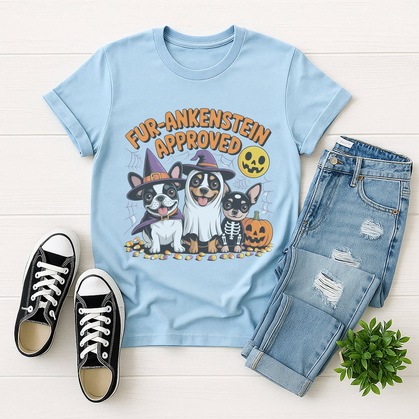 Light Blue Gildan 6400 unisex t-shirt with retro dog graphic and ‘Fur-ankenstein Approved’ text, perfect for dog lovers.