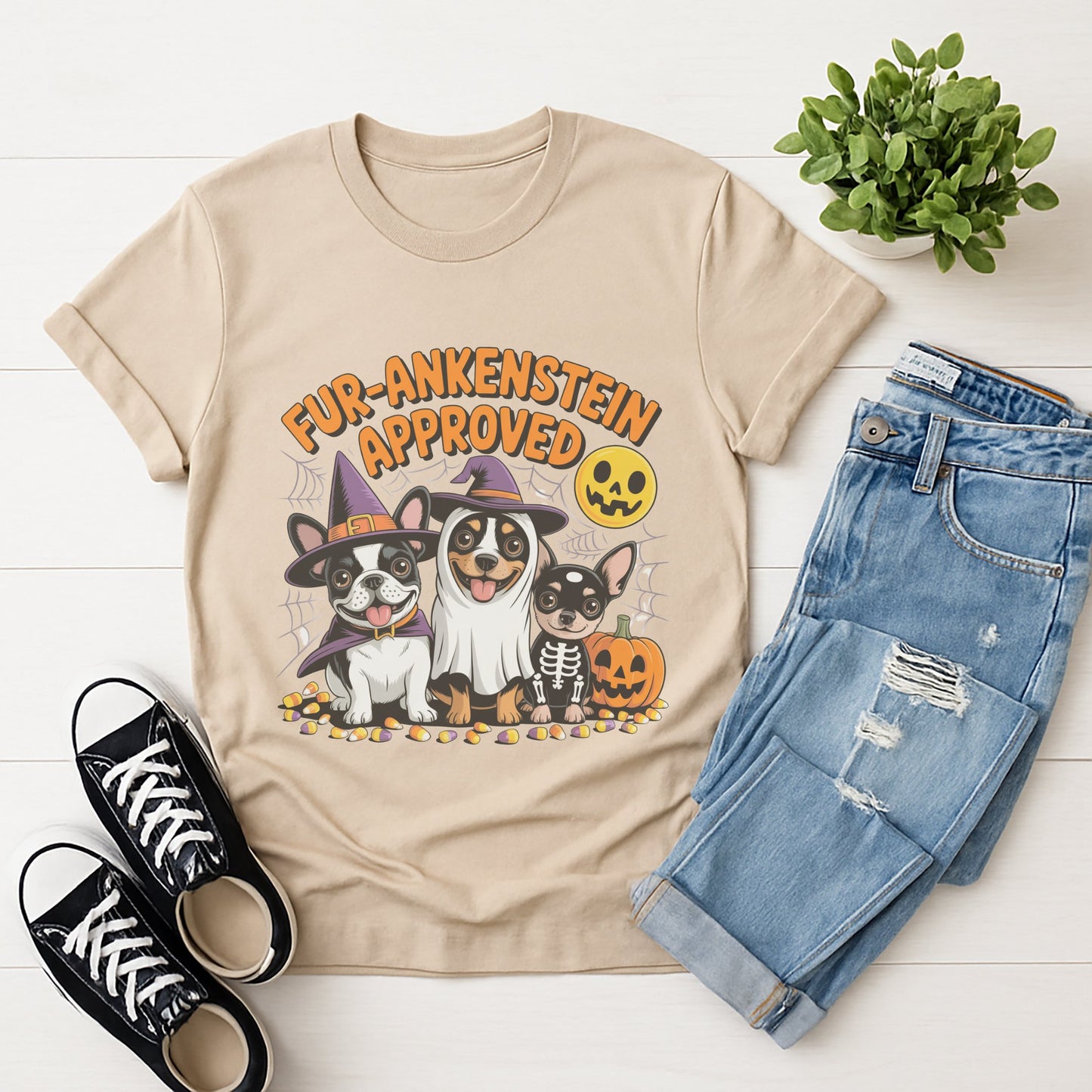 Sand Beige Gildan 6400 unisex t-shirt with retro dog graphic and ‘Fur-ankenstein Approved’ text, perfect for dog lovers.