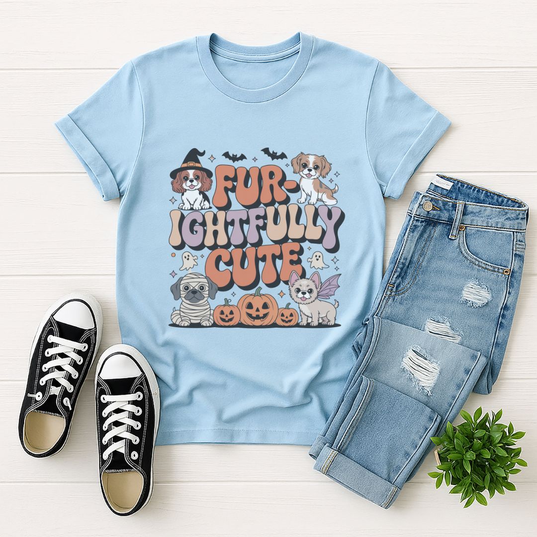 Light blue Gildan 6400 unisex t-shirt with retro dog graphic and ‘Fur-ightfully Cute' text, perfect for dog lovers.