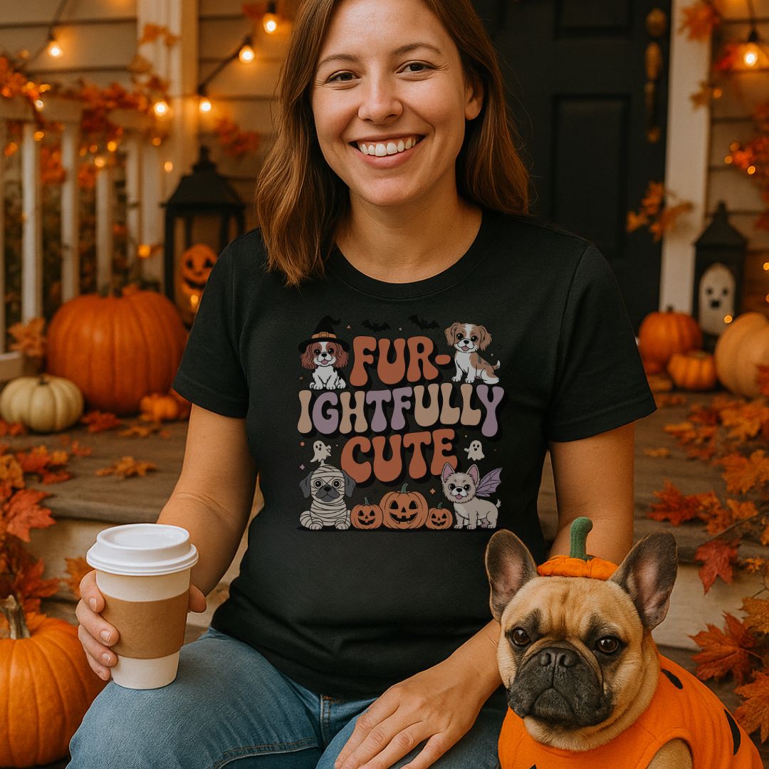 Black unisex t-shirt with retro dog graphic and ‘Fur-ightfully Cute' text, perfect for dog lovers.