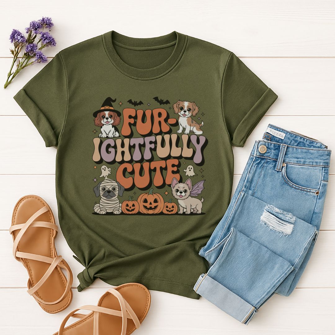Military Green Gildan 6400 unisex t-shirt with retro dog graphic and ‘Fur-ightfully Cute' text, perfect for dog lovers.